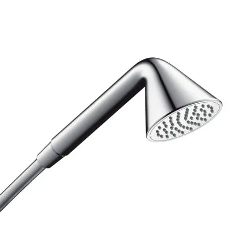 Handbrause aus Chrom mit einem einzelnen Strahl. Teil der AXOR Produktlinie, schlichtes Design mit ergonomischer Form für eine komfortable Nutzung.